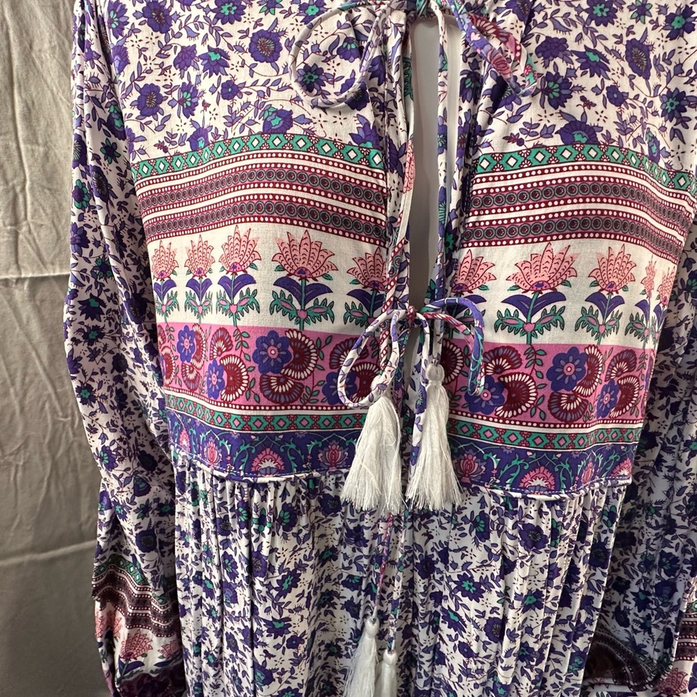 Floral Border Print V-Neck Tassel BoHo Midi Dress  Sz. 2XL/18 - Picture 6 of 8